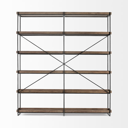 88" Black And Brown Iron and Wood Five Tier Bookcase