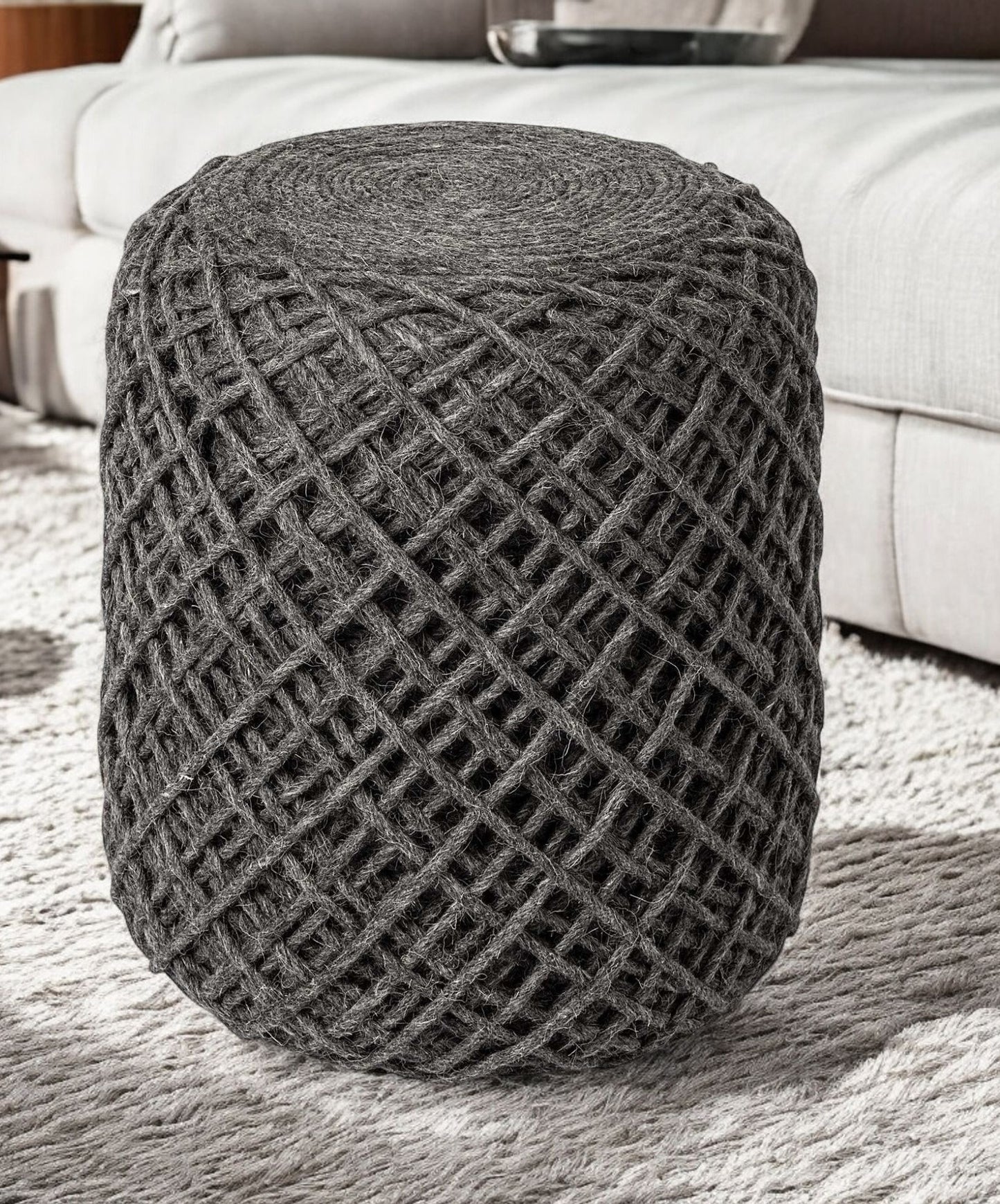16" Gray Upholstery Cylinder Abstract Pouf Ottoman