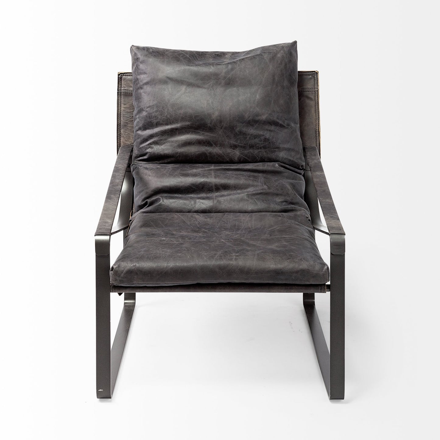35" Black Leather Distressed Arm Chair