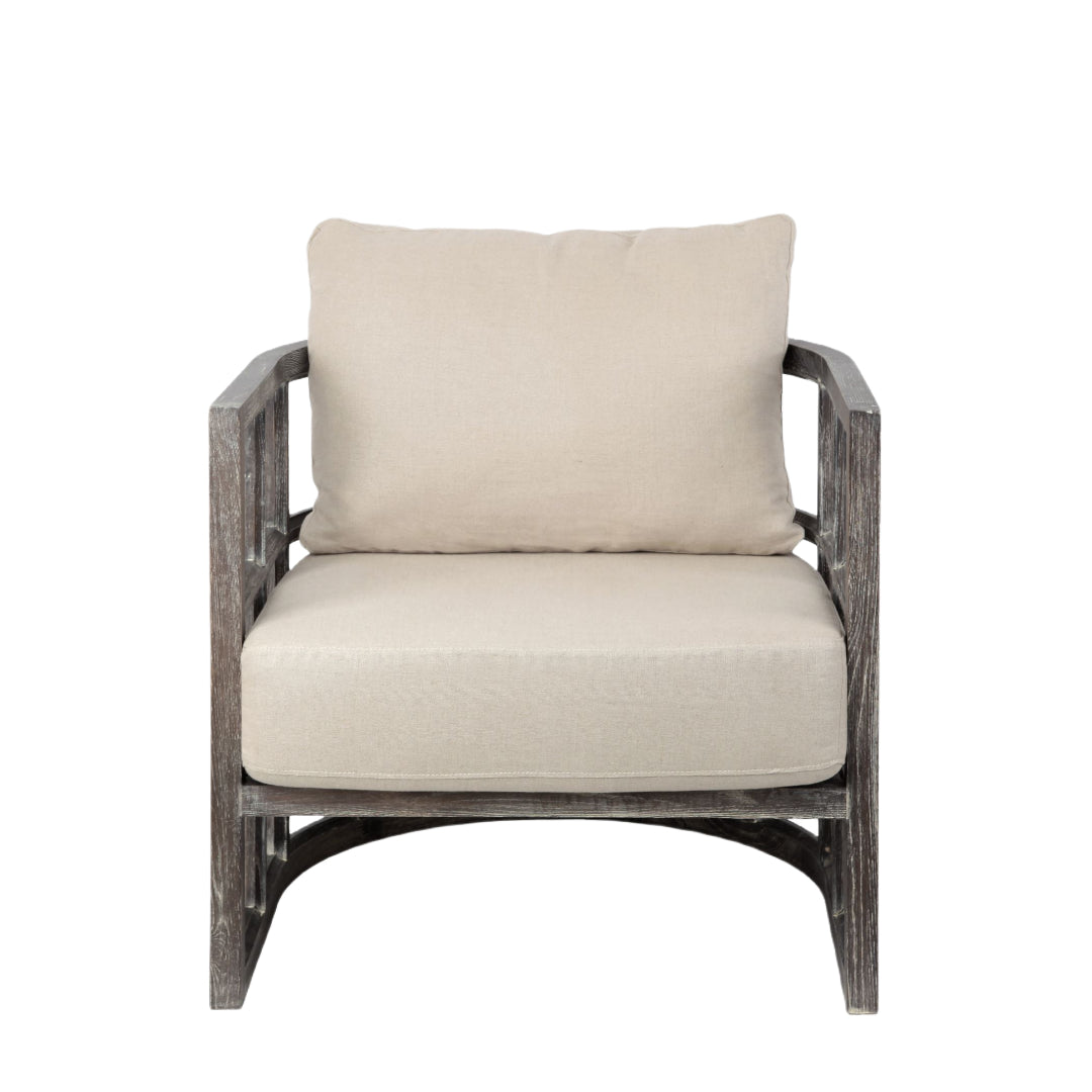 30" Cream and Brown Fabric Distressed Arm Chair