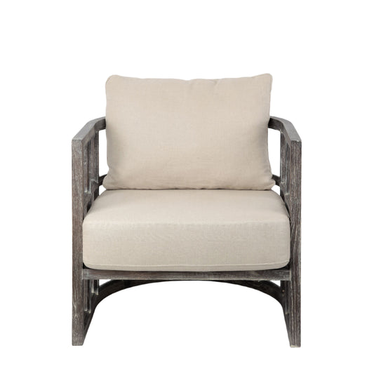 30" Cream and Brown Fabric Distressed Arm Chair