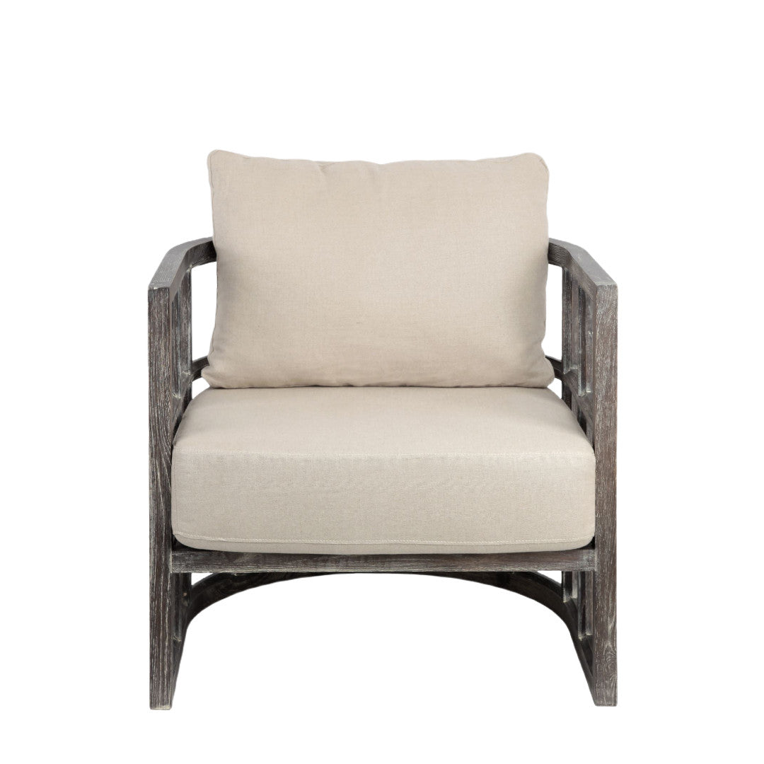 30" Cream and Brown Fabric Distressed Arm Chair