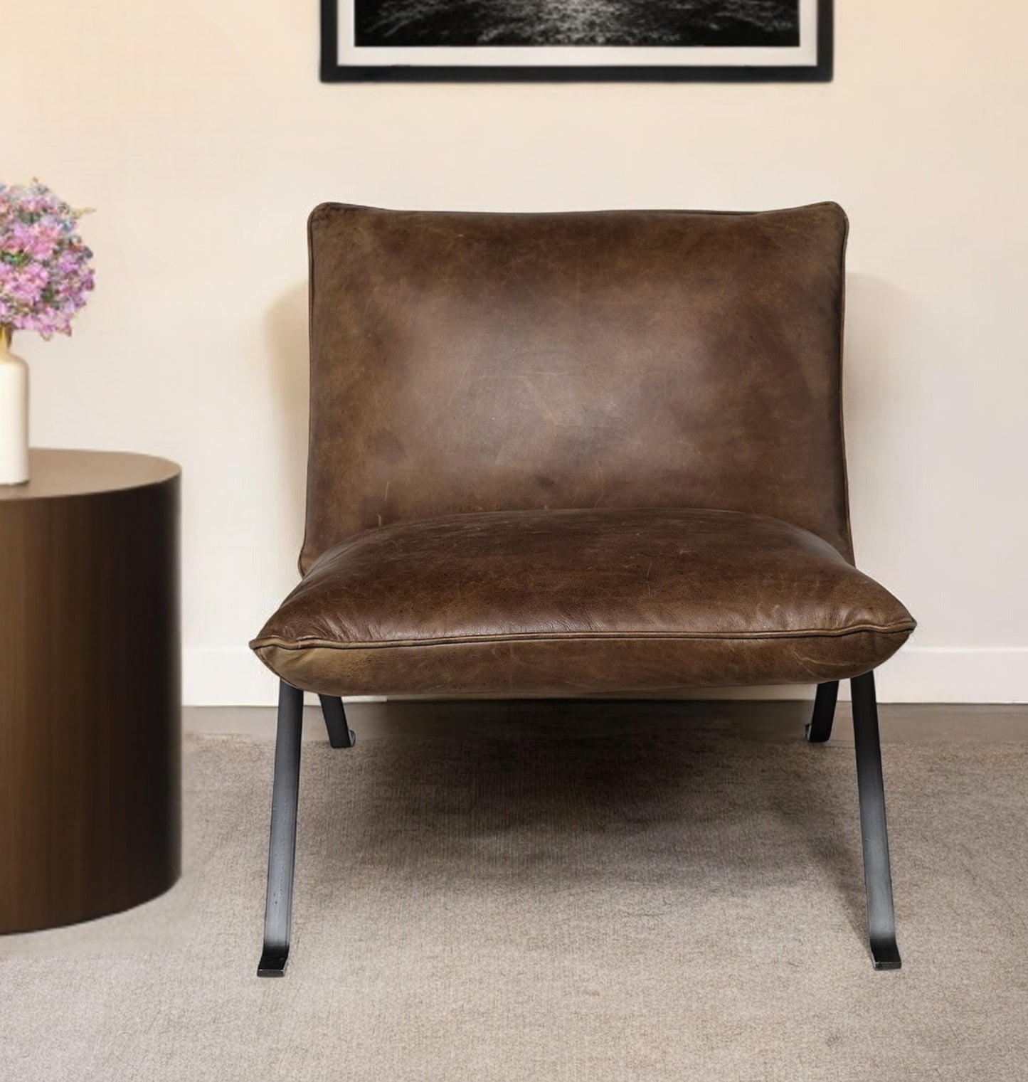 34" Brown and Black Top Grain Leather Distressed Slipper Chair