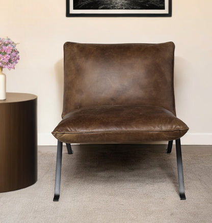 34" Brown and Black Top Grain Leather Distressed Slipper Chair