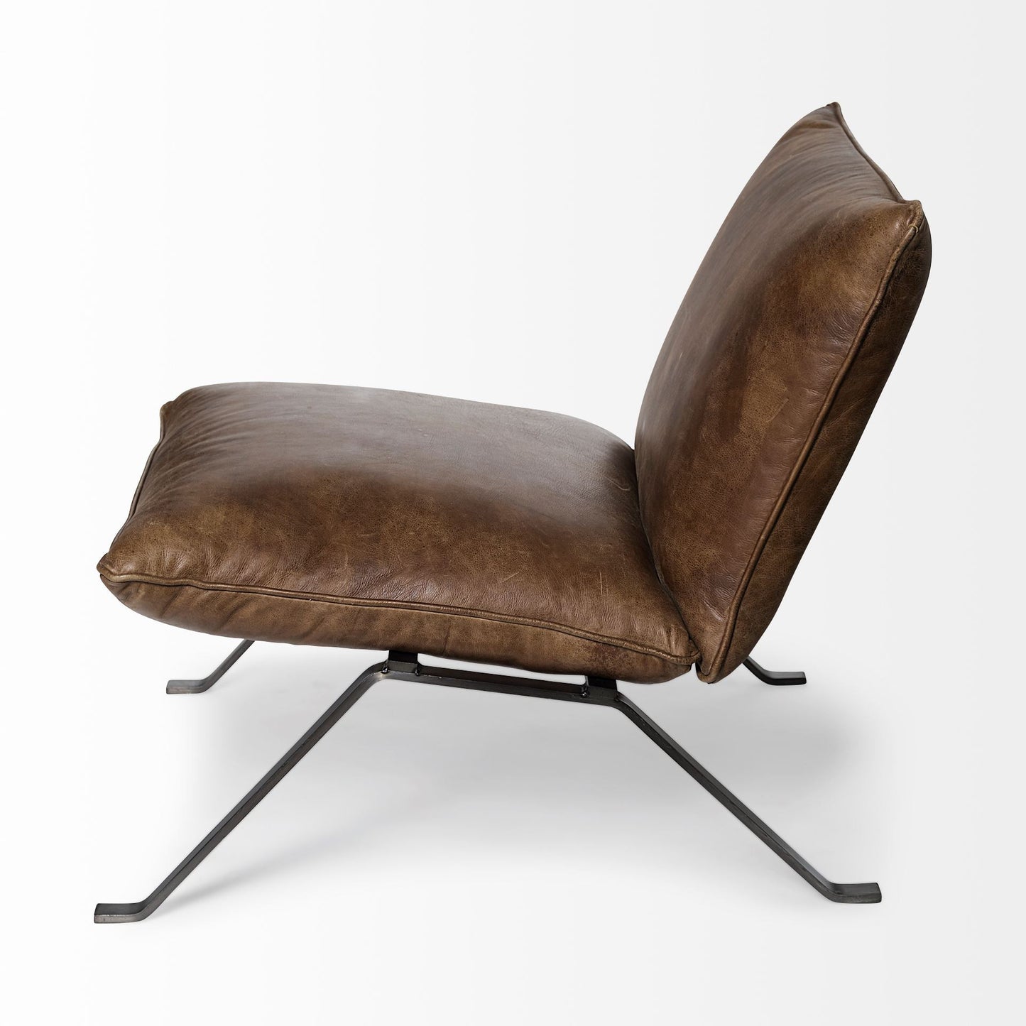 34" Brown and Black Top Grain Leather Distressed Slipper Chair