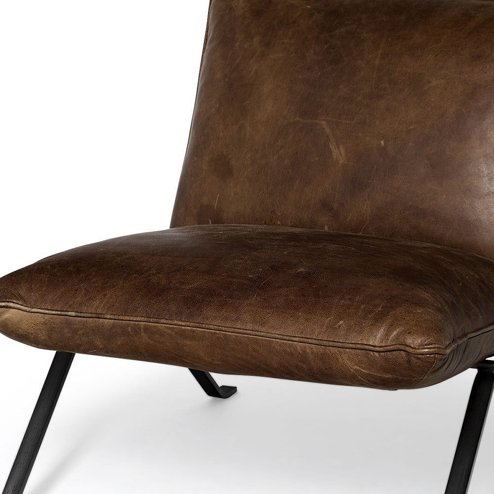 34" Brown and Black Top Grain Leather Distressed Slipper Chair