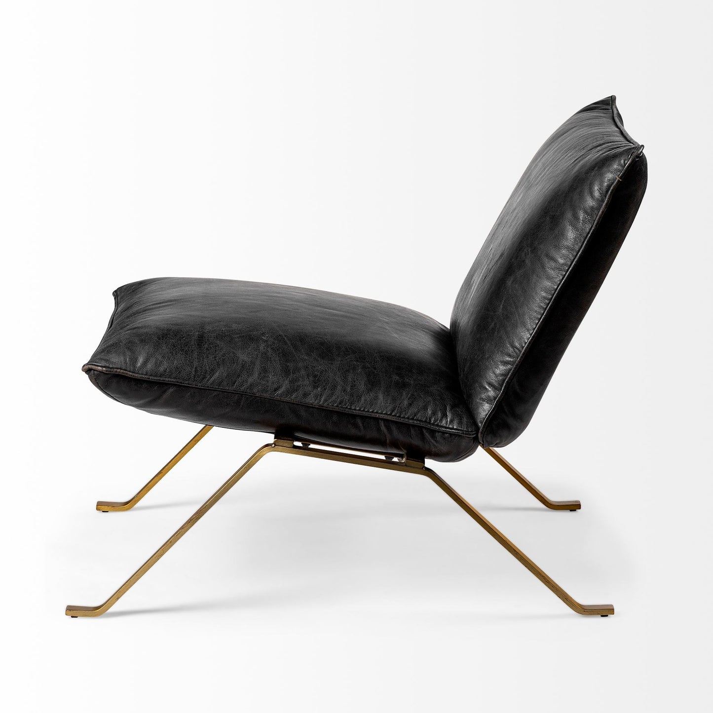 34" Black and Brass Top Grain Leather Distressed Slipper Chair