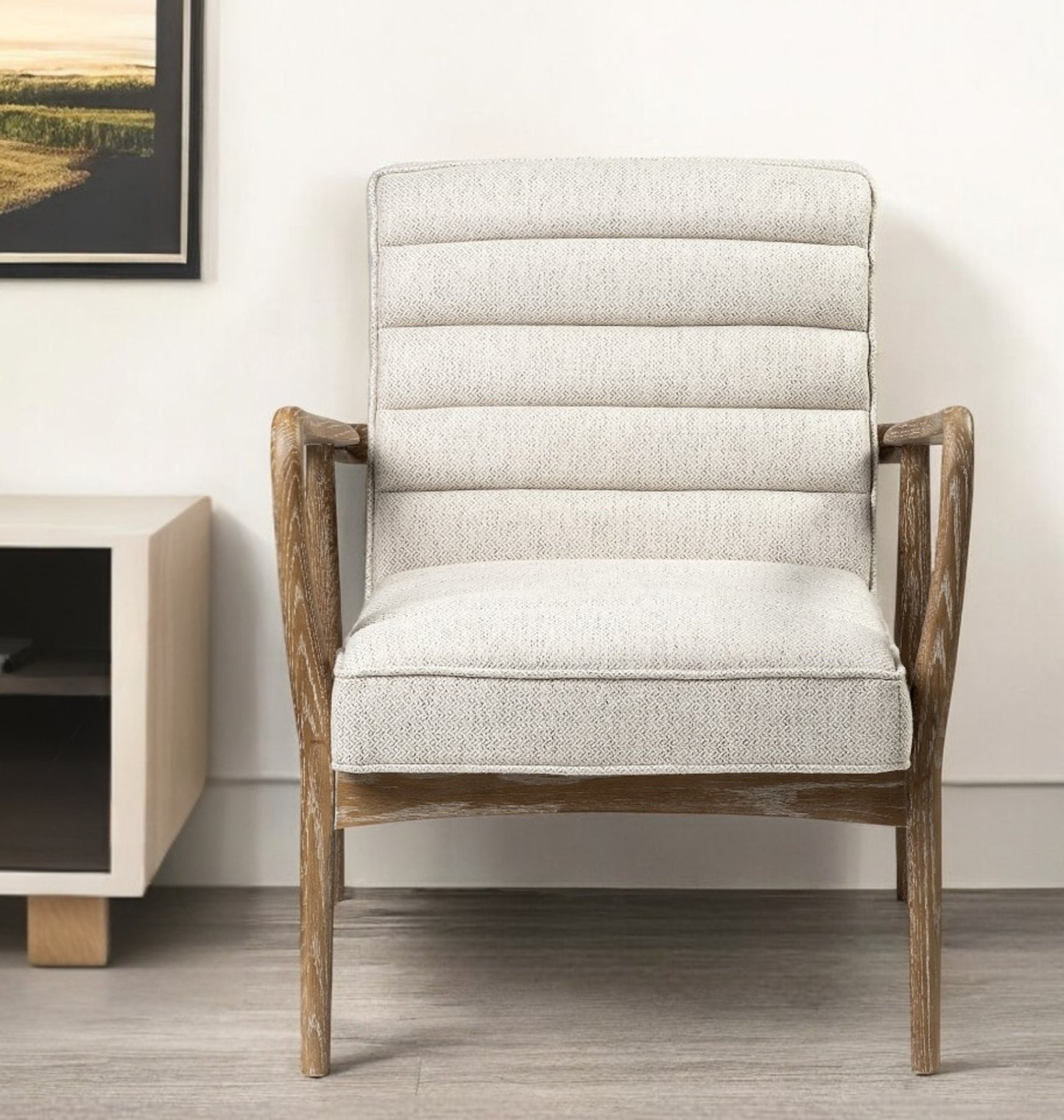 28" Cream and Brown Fabric Lounge Chair