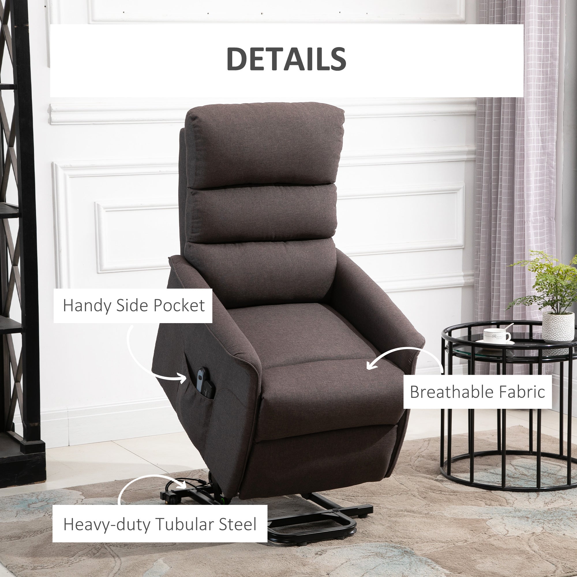 Power Lift Assist Recliner Chair for Elderly with Remote Control, Linen Fabric Upholstery, Brown