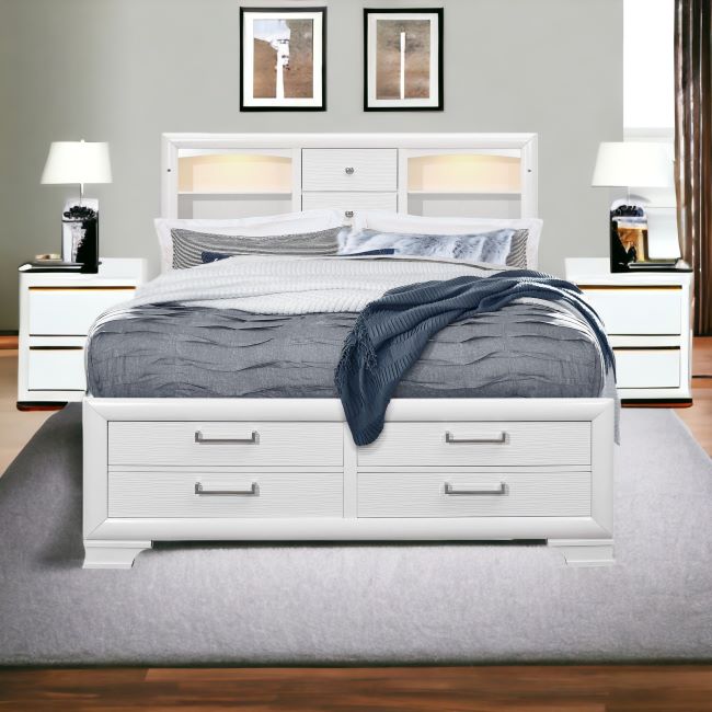 White Solid Wood Lighted Full Bed Frame With Drawers