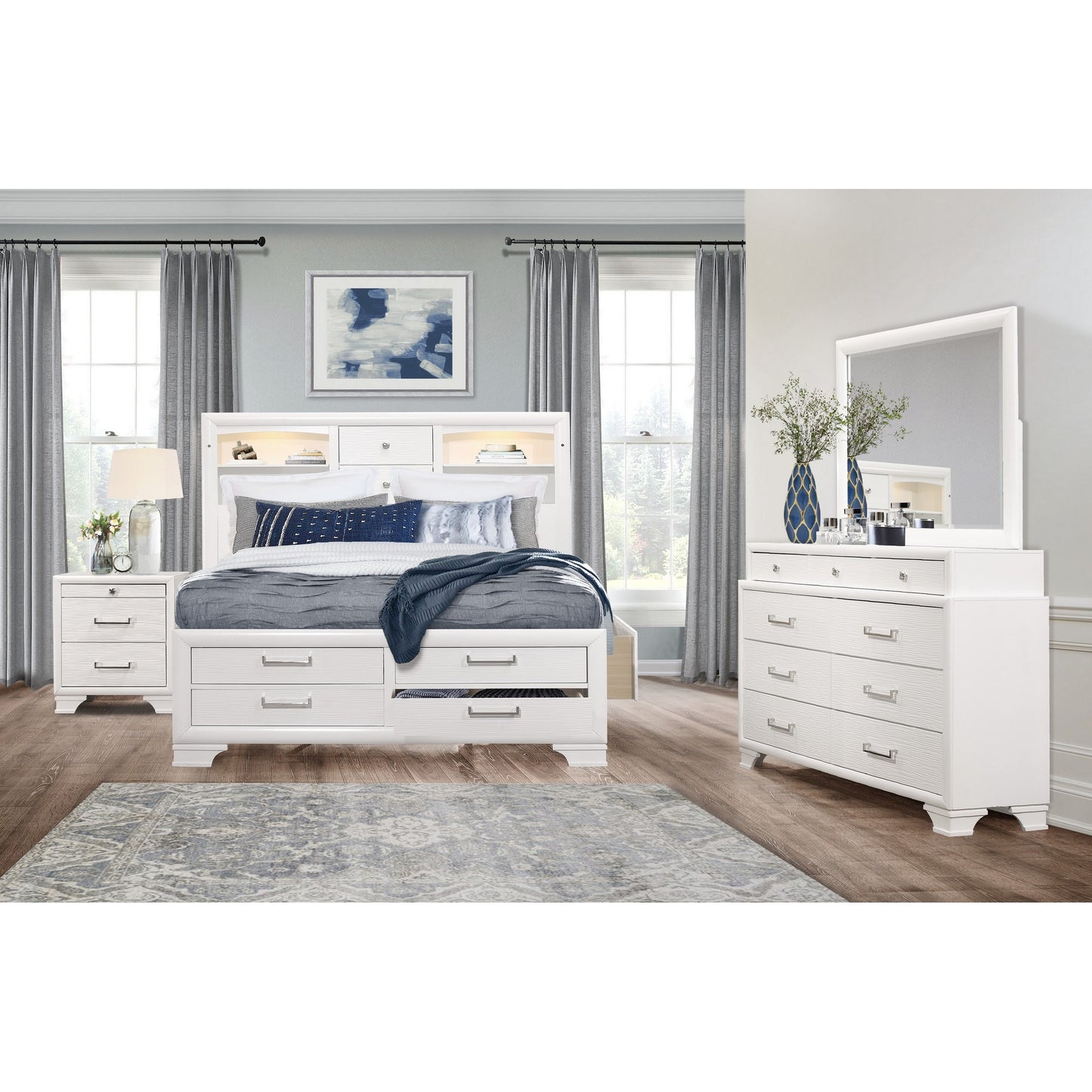 White Solid Wood Lighted King Bed Frame With Drawers