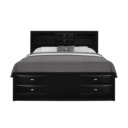 Black Solid Wood Queen Bed Frame With Eight Drawers