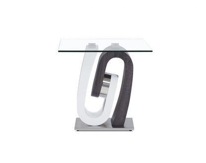 23" White Gray And Clear Glass and Wood Square Pedestal End Table