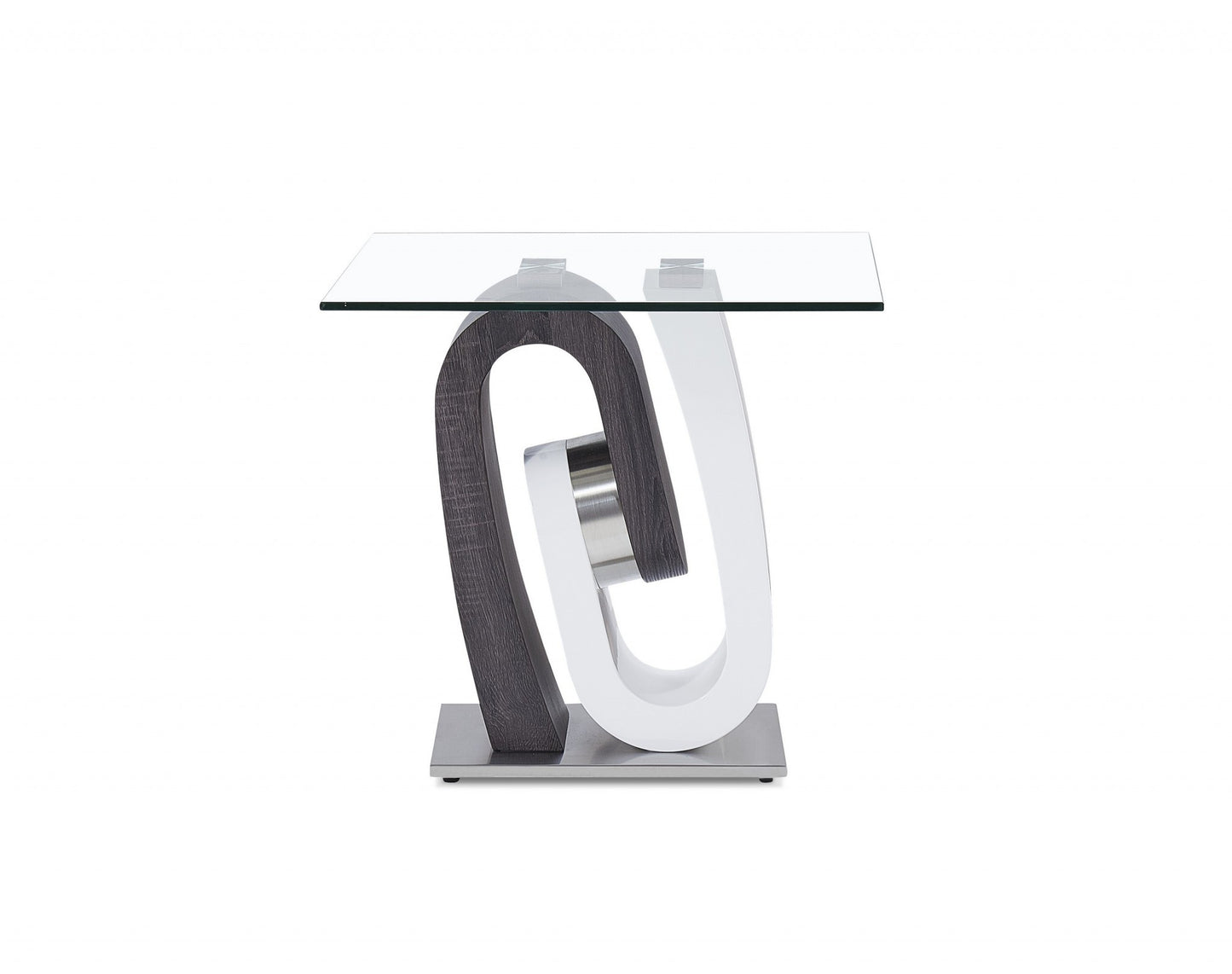 23" White Gray And Clear Glass and Wood Square Pedestal End Table