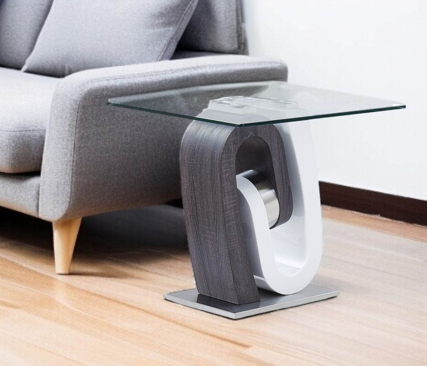 23" White Gray And Clear Glass and Wood Square Pedestal End Table