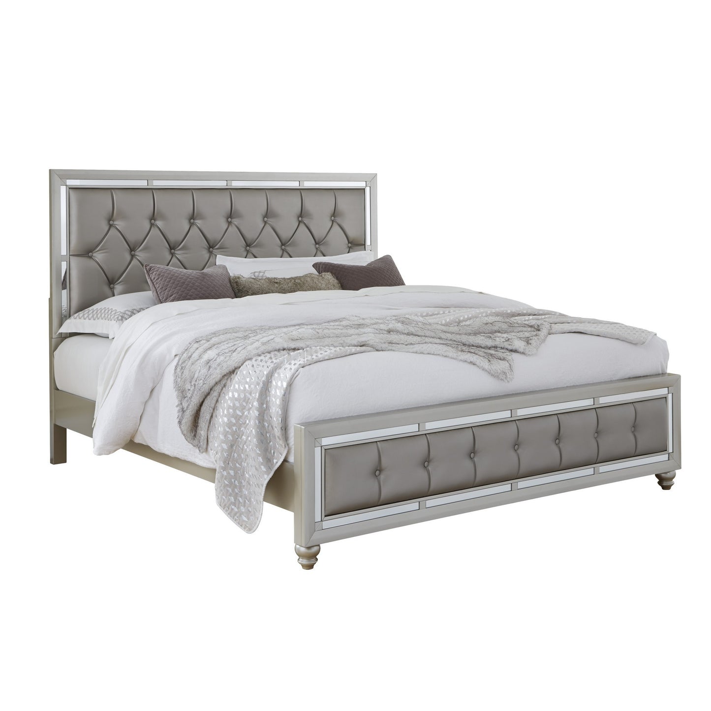 Silver Tufted Linen Upholstered Full Bed Frame with Nailhead Trim With No