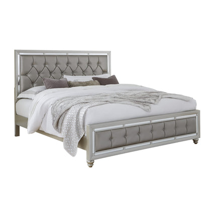 Silver Tufted Linen Upholstered Full Bed Frame with Nailhead Trim With No