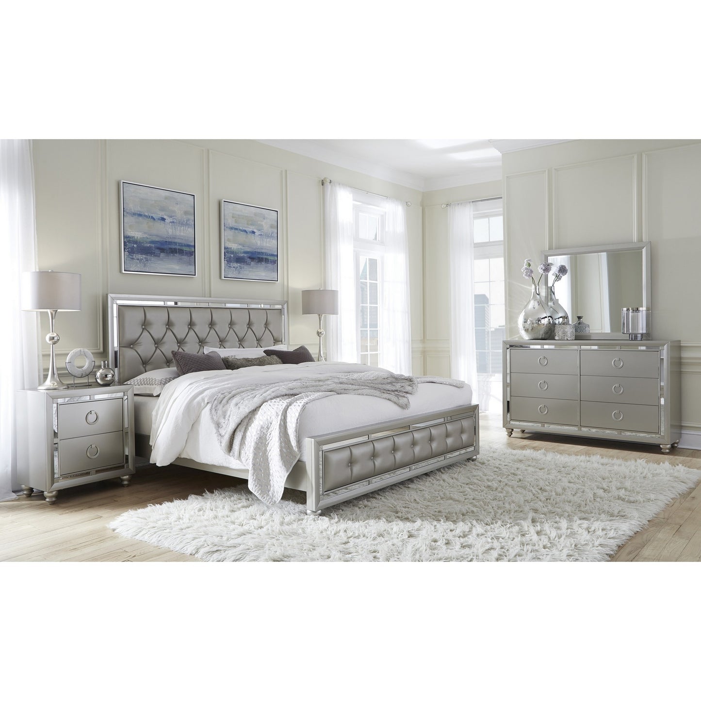 Silver Tufted Linen Upholstered Full Bed Frame with Nailhead Trim With No