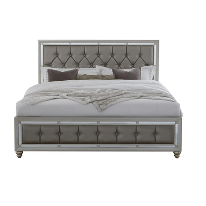 Silver Tufted Linen Upholstered Full Bed Frame with Nailhead Trim With No