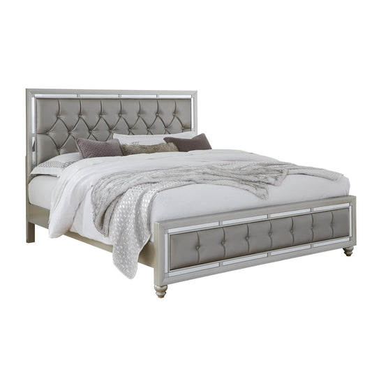 Silver Wood And Tufted Linen Queen Bed Frame With Nailhead Trim