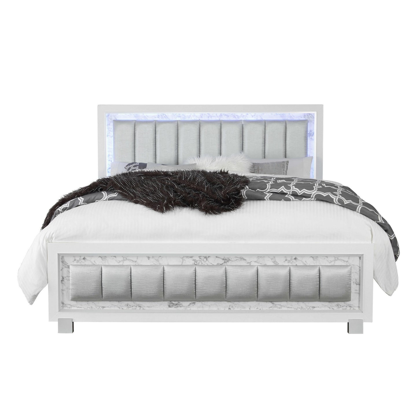 White Solid Wood And Faux Leather Lighted King Bed Frame With No
