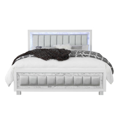White Solid Wood And Faux Leather Lighted King Bed Frame With No
