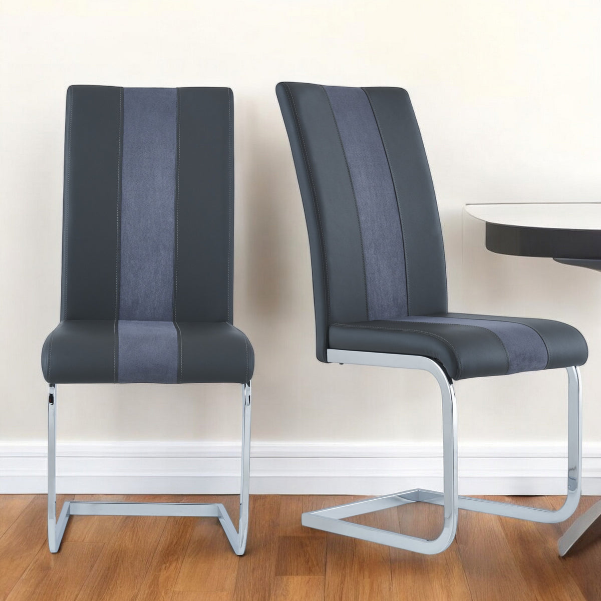 Set of Four Gray and Silver Upholstered Faux Leather Dining Side Chairs