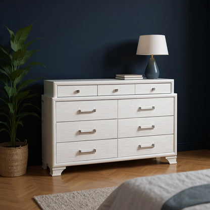 59" White Solid Wood Mirrored Nine Drawer