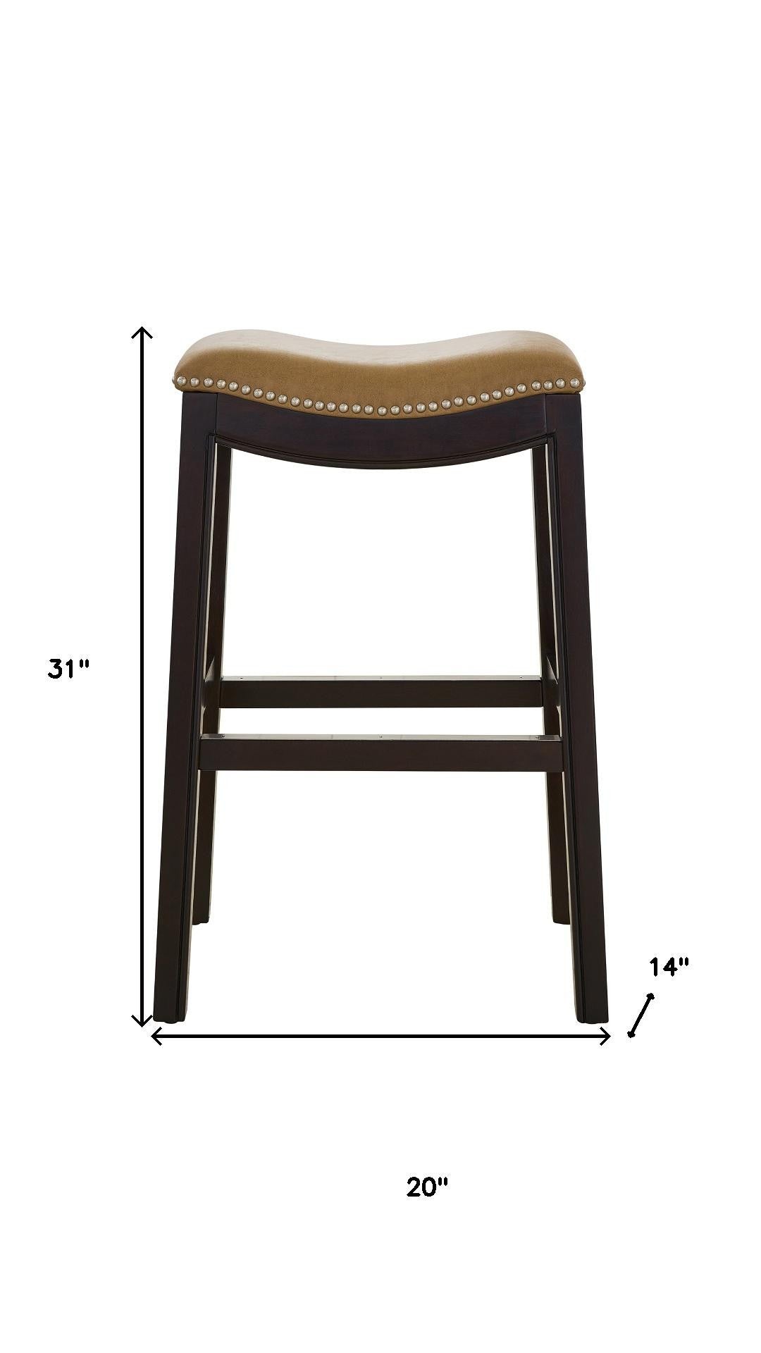 31" Tan and Espresso Faux Leather and Solid Wood Backless Counter Height Bar Chair