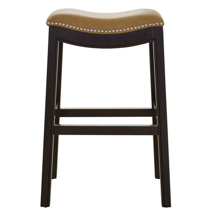 31" Tan and Espresso Faux Leather and Solid Wood Backless Counter Height Bar Chair