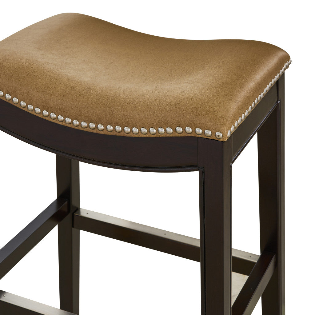26" Tan and Espresso Solid Wood Backless Bar Height Bar Chair