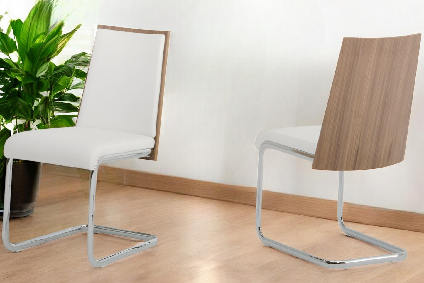 Set of Two White and Silver Upholstered Faux Leather Dining Side Chairs