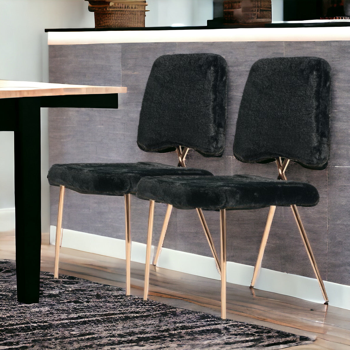 Set of Two Black and Gold Upholstered Fabric Dining Side Chairs