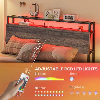 Queen Size Bed Frame with LED Lights and Charging Station, Queen Bed Frame with Storage Headboard, Noise-Free, Walnut