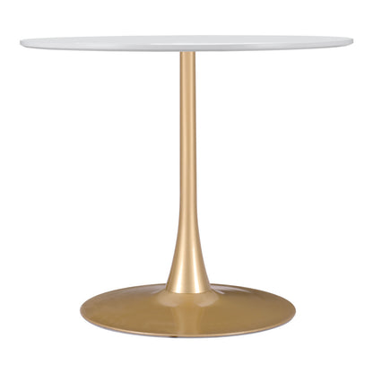 35" White And Gold Rounded Steel Pedestal Base Dining Table