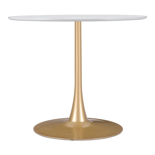 35" White And Gold Rounded Steel Pedestal Base Dining Table