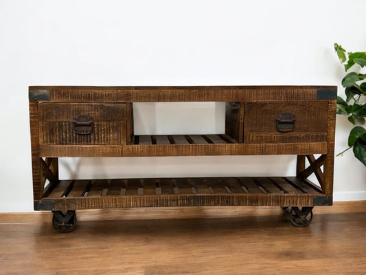 18" Brown and Black Solid Wood Distressed Wheel Console Table With Shelves And Drawers