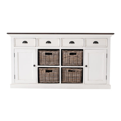 63" Brown And White Distressed Solid Wood Sideboard With Baskets