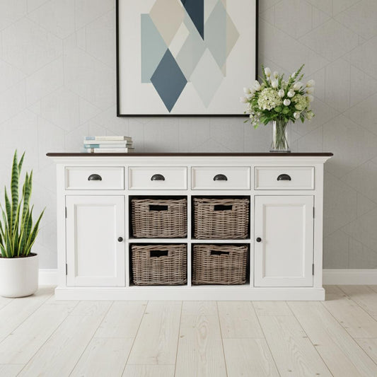 63" Brown And White Distressed Solid Wood Sideboard With Baskets