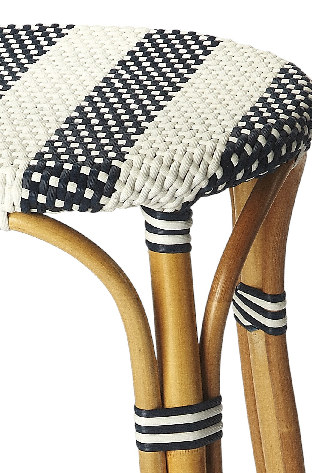30" Blue and White and Natural Heavy Duty Rattan Backless Bar Height Bar Chair