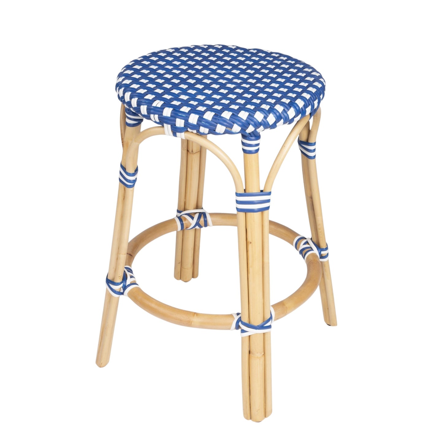 24" Blue and White and Wood Brown Heavy Duty Rattan Backless Counter Height Bar Chair
