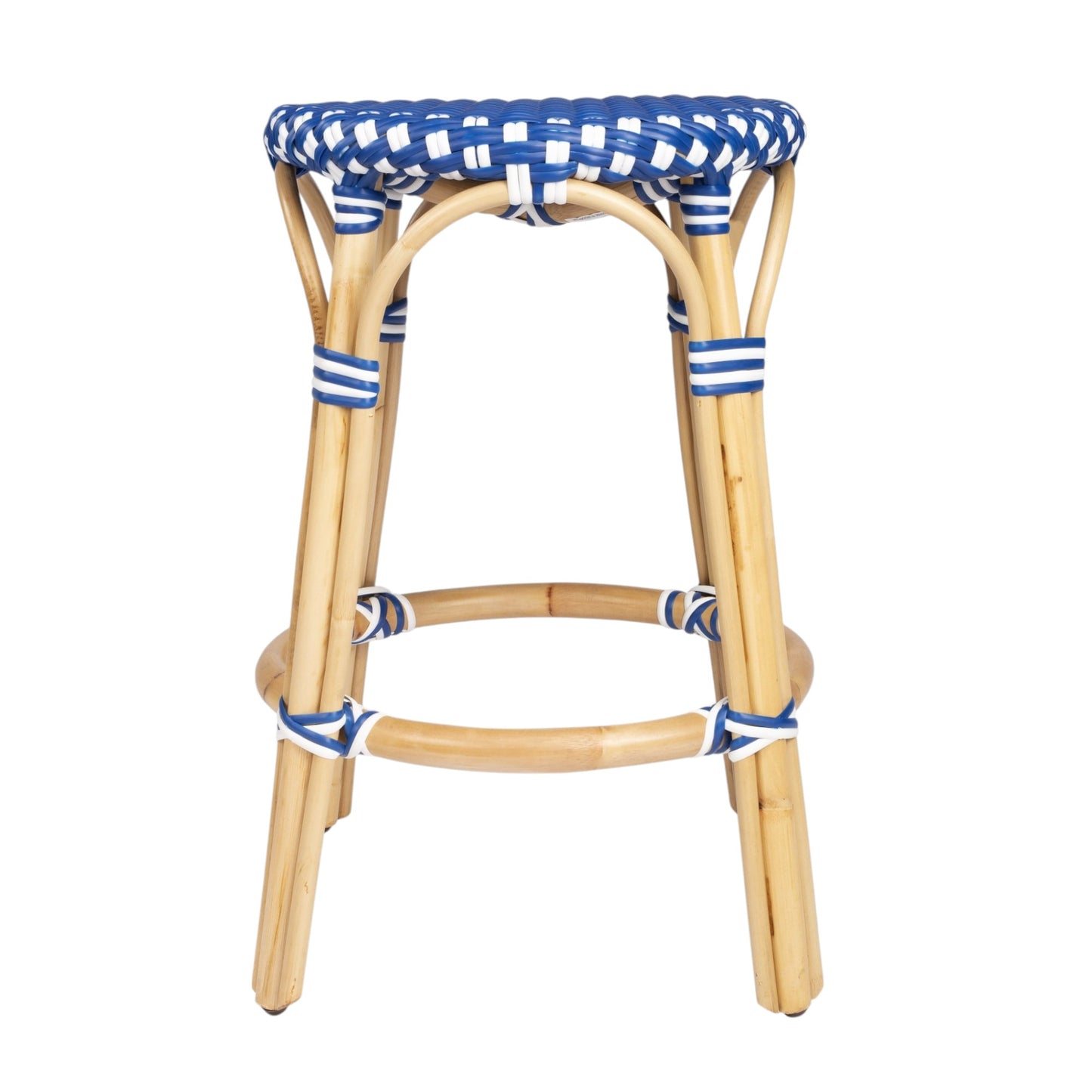 24" Blue and White and Wood Brown Heavy Duty Rattan Backless Counter Height Bar Chair