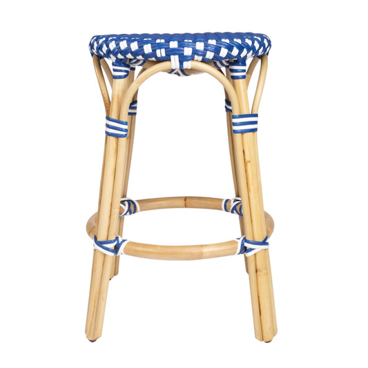 24" Blue and White and Wood Brown Heavy Duty Rattan Backless Counter Height Bar Chair