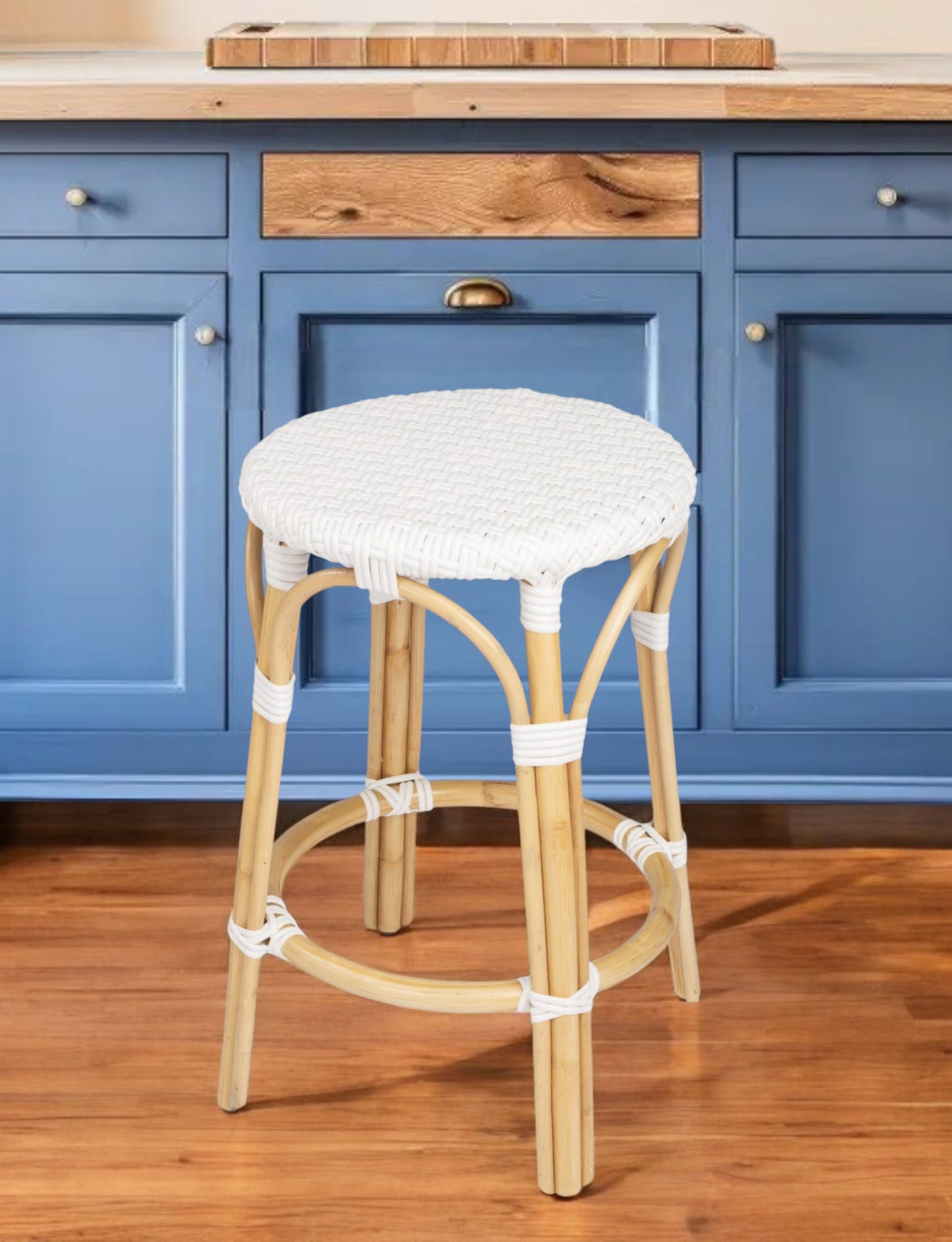 24" White and Natural Heavy Duty Rattan Backless Counter Height Bar Chair