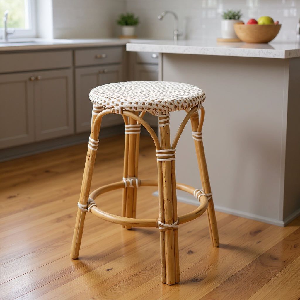 24" Natural and White Rattan Backless Counter Height Bar Chair