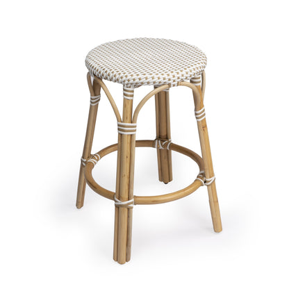24" Natural and White Rattan Backless Counter Height Bar Chair