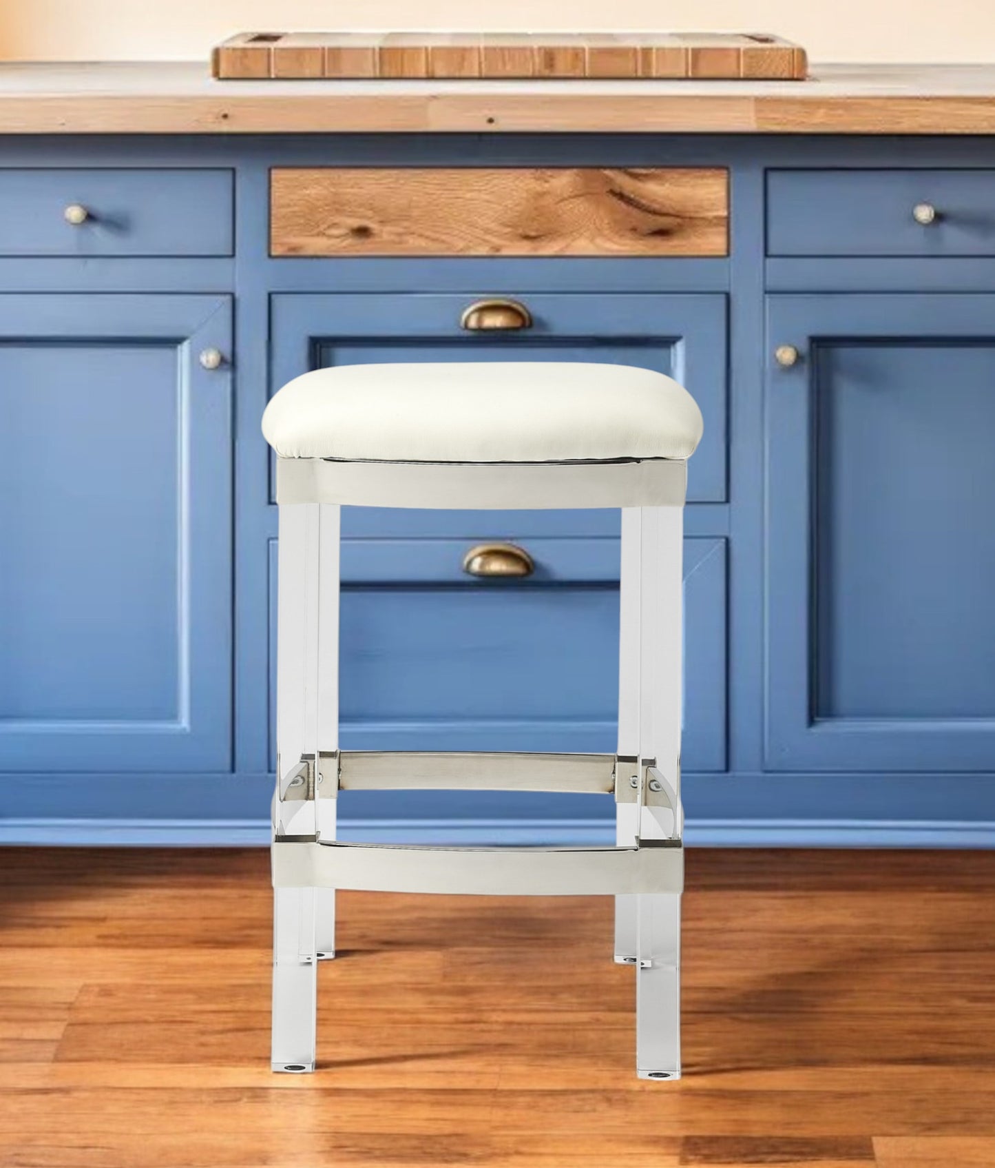 24" White and Clear Stainless Steel and Acrylic Backless Counter Height Bar Chair