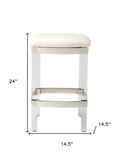 24" White and Clear Stainless Steel and Acrylic Backless Counter Height Bar Chair