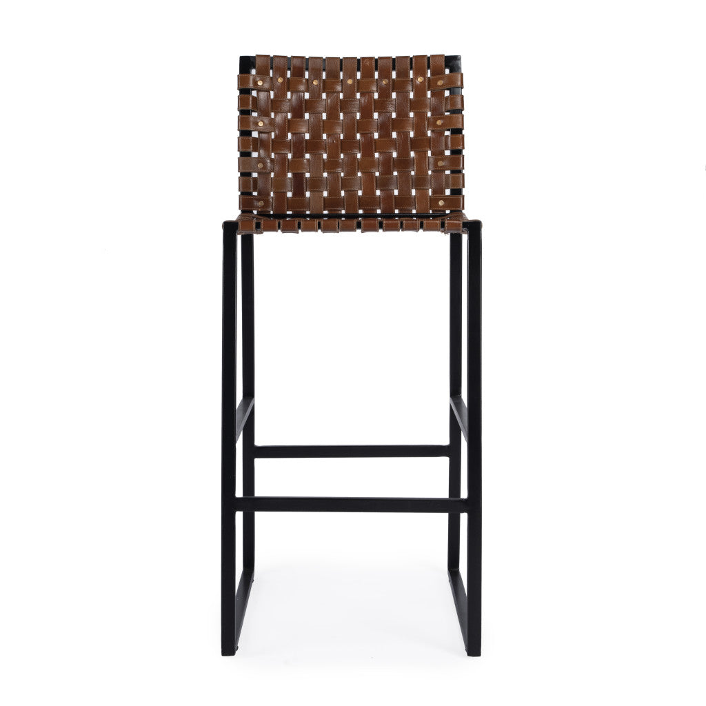 28" Brown and Black Leather and Iron Bar Chair