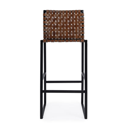 28" Brown and Black Leather and Iron Bar Chair